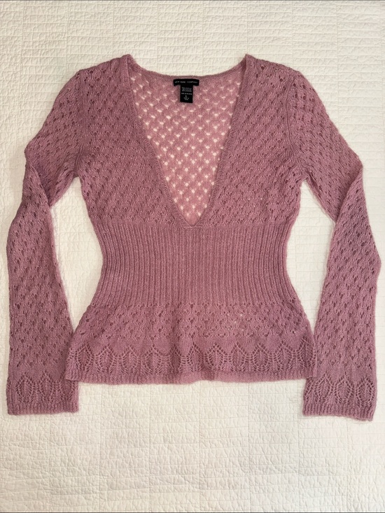 Express Sweaters - Pink Open Knit V Neck Sweater Women’s Large Boho Sleeve Lightweight Sheer